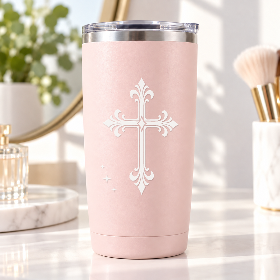Pink tumbler with white ornate cross decal and small star sparkles