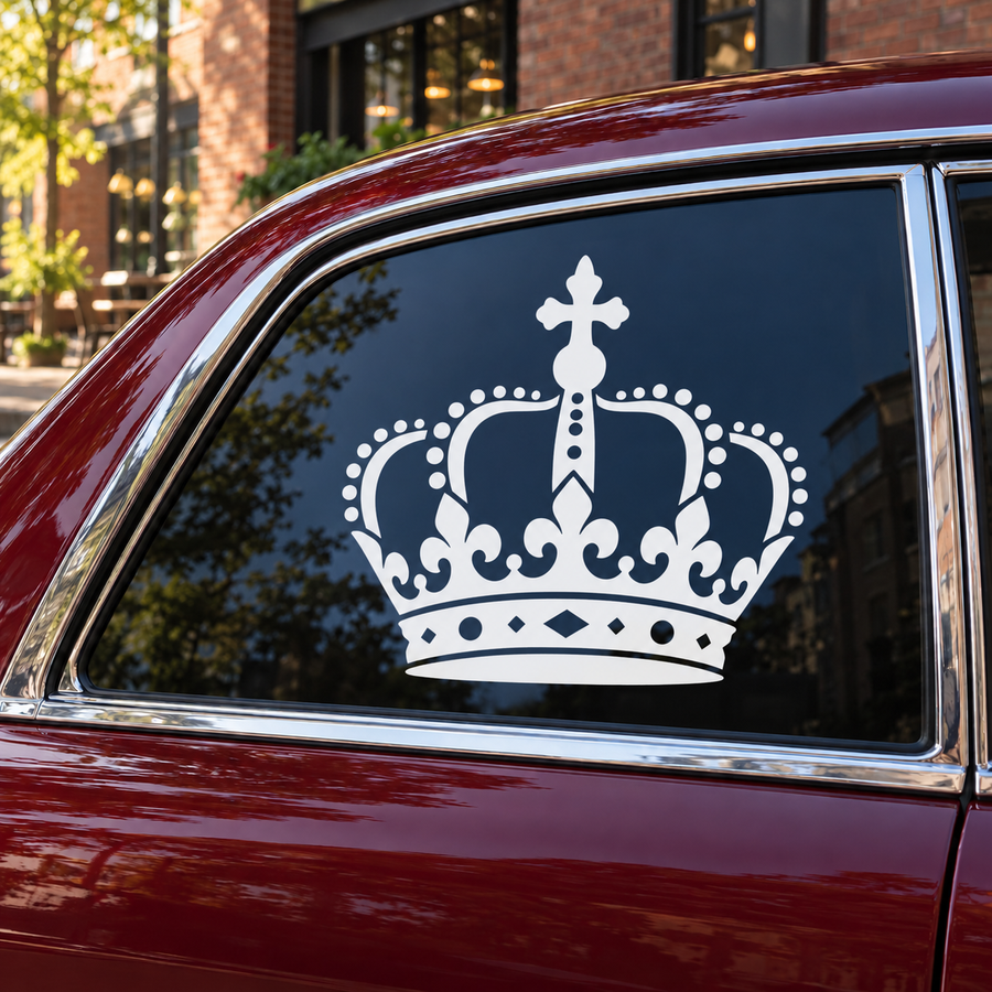 White crown vinyl decal with fleur tips and dotted arch pattern on car window.