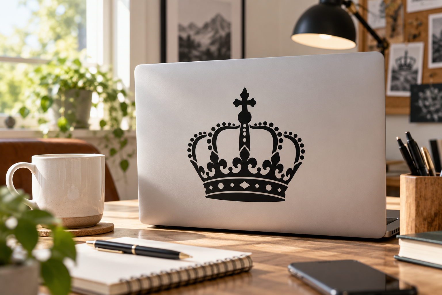Vinyl crown decal with rounded jewel dots and sweeping arch design, black