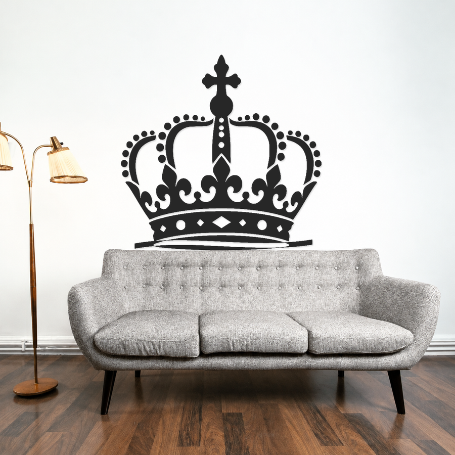 Black ornate royal crown wall vinyl decal with detailed base and jewels