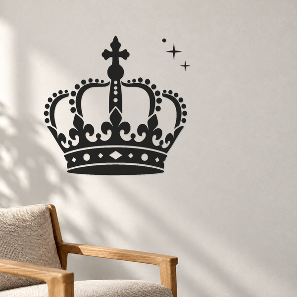 Black decorative crown wall decal with cross fleur tips and dotted arch trim