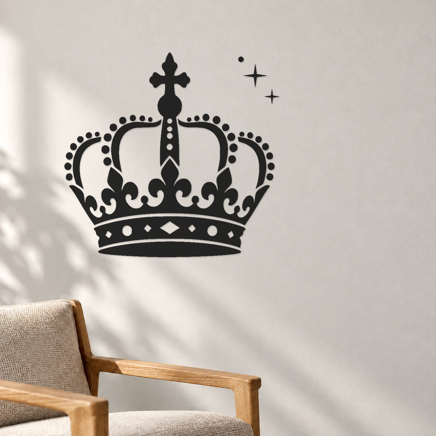 Black decorative crown wall decal with cross fleur tips and dotted arch trim