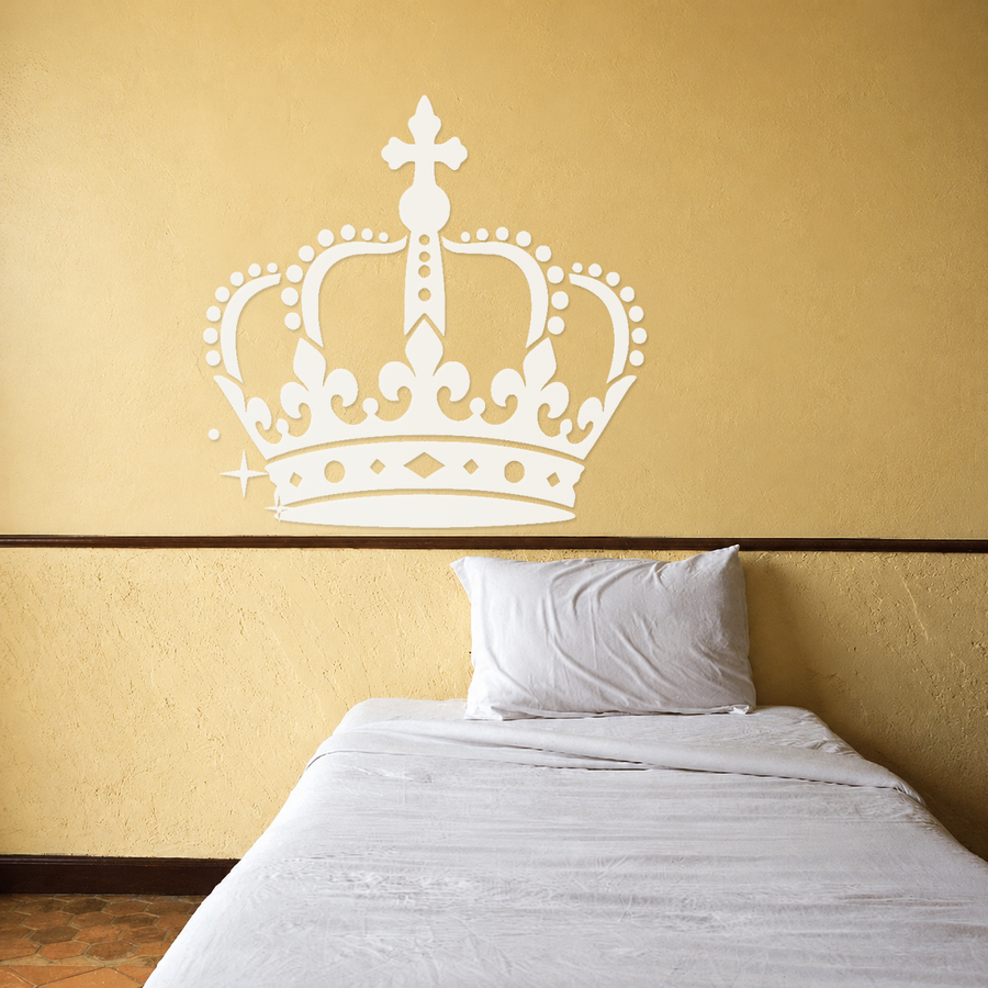 White mirrored royal crown wall decal with fleur cross tips and dotted arch design