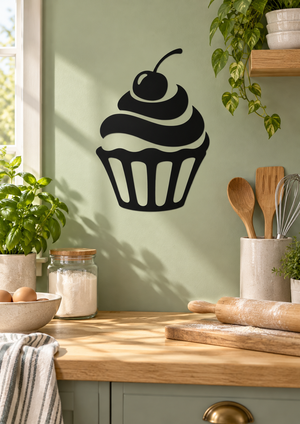 Cherry swirl cupcake vinyl decal, black cupcake with cherry and white swirl frosting lines