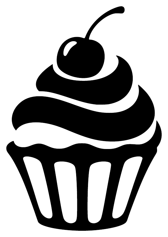 Cherry swirl cupcake vinyl decal close-up, black cupcake silhouette with cherry and swirl stripe