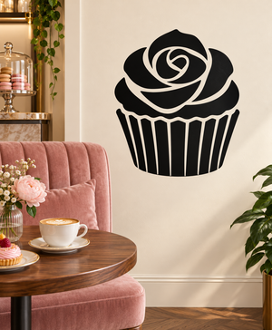 Cupcake vinyl decal with black rose and white frosting, striped base