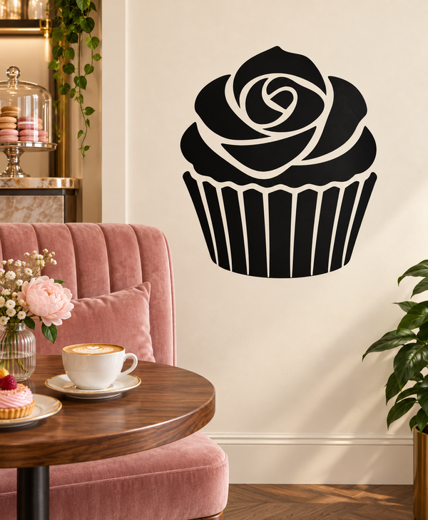 Cupcake vinyl decal with black rose and white frosting, striped base
