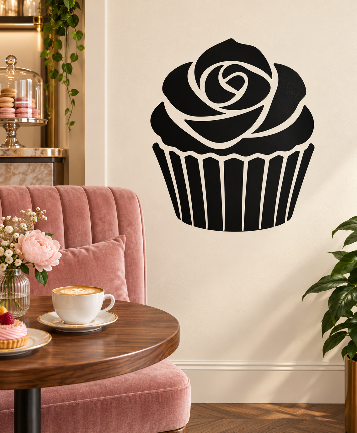 Cupcake vinyl decal with black rose and white frosting, striped base