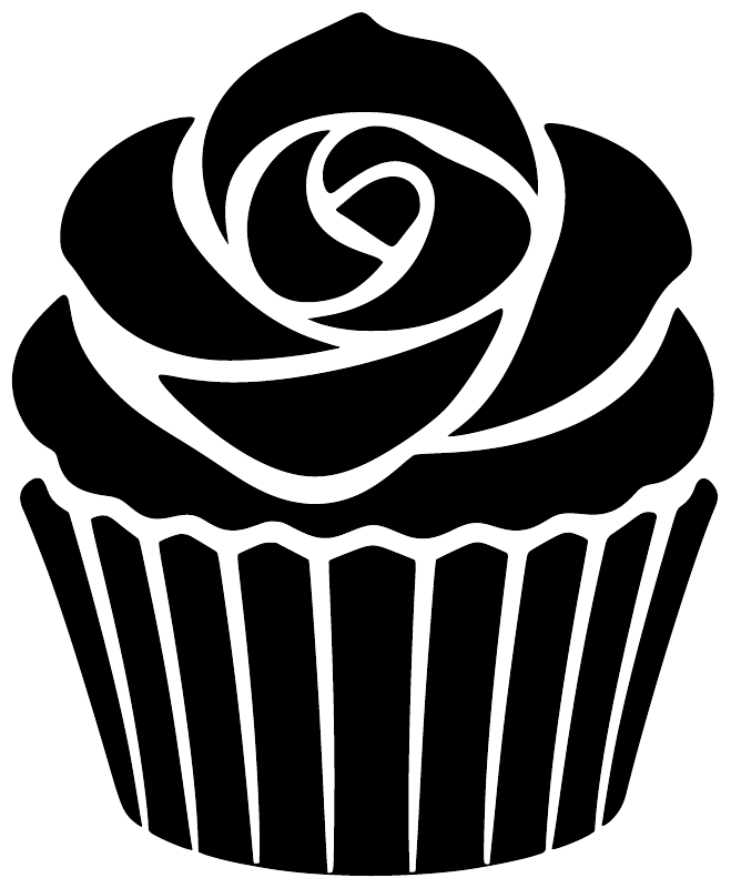 Cupcake vinyl decal close-up: black rose on white frosting, striped wrapper