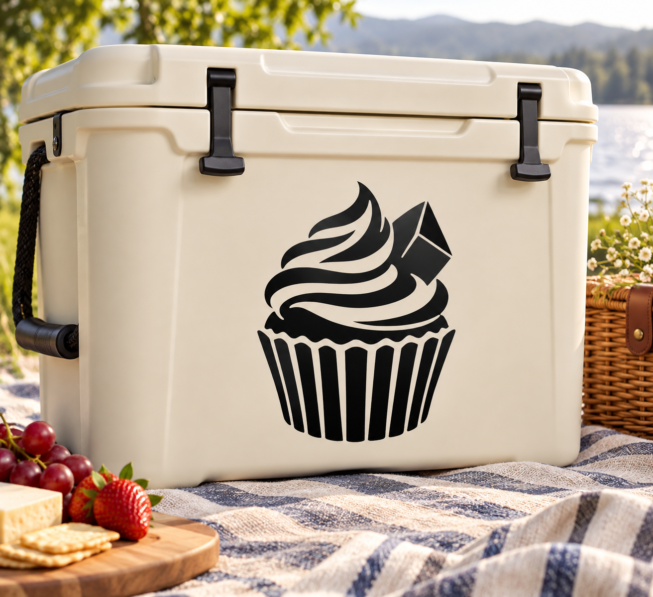 Black cupcake vinyl decal with flame-style frosting and small diamond topper