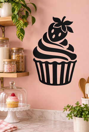 Strawberry crown cupcake vinyl decal, black frosting and striped wrapper silhouette