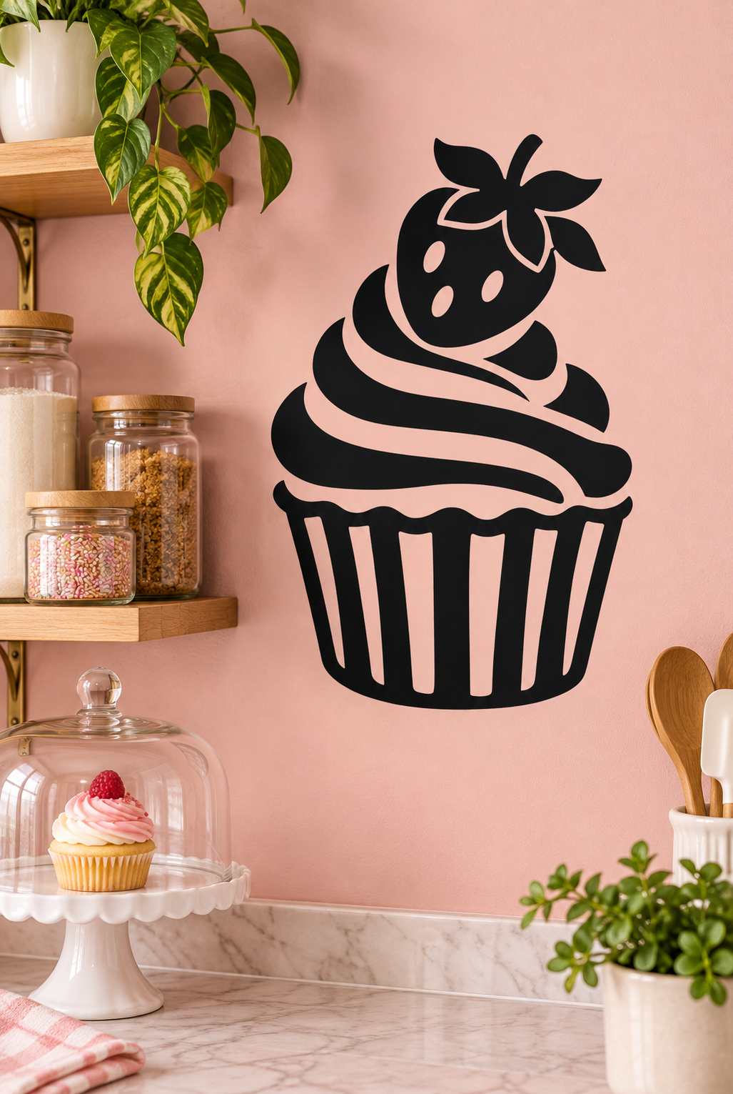 Strawberry crown cupcake vinyl decal, black frosting and striped wrapper silhouette