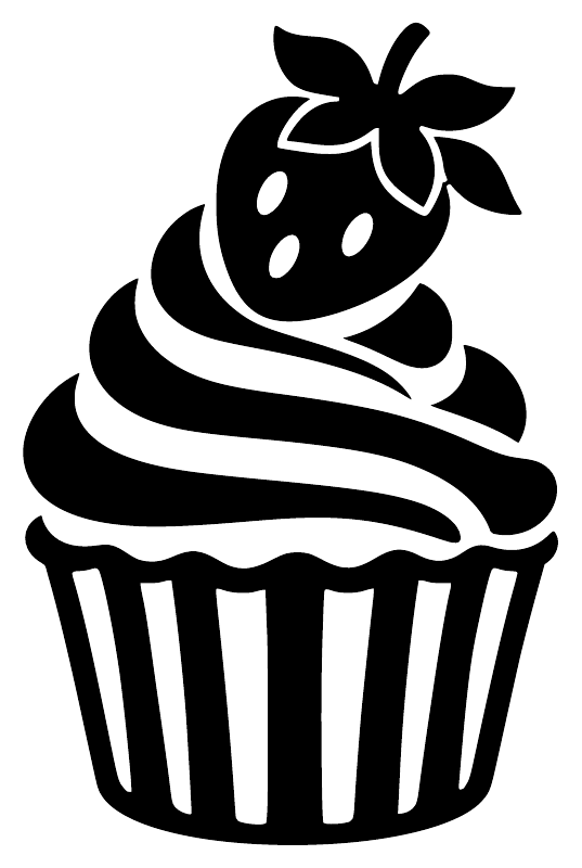 Cupcake vinyl decal with strawberry and ribbon crown above swirl frosting, black