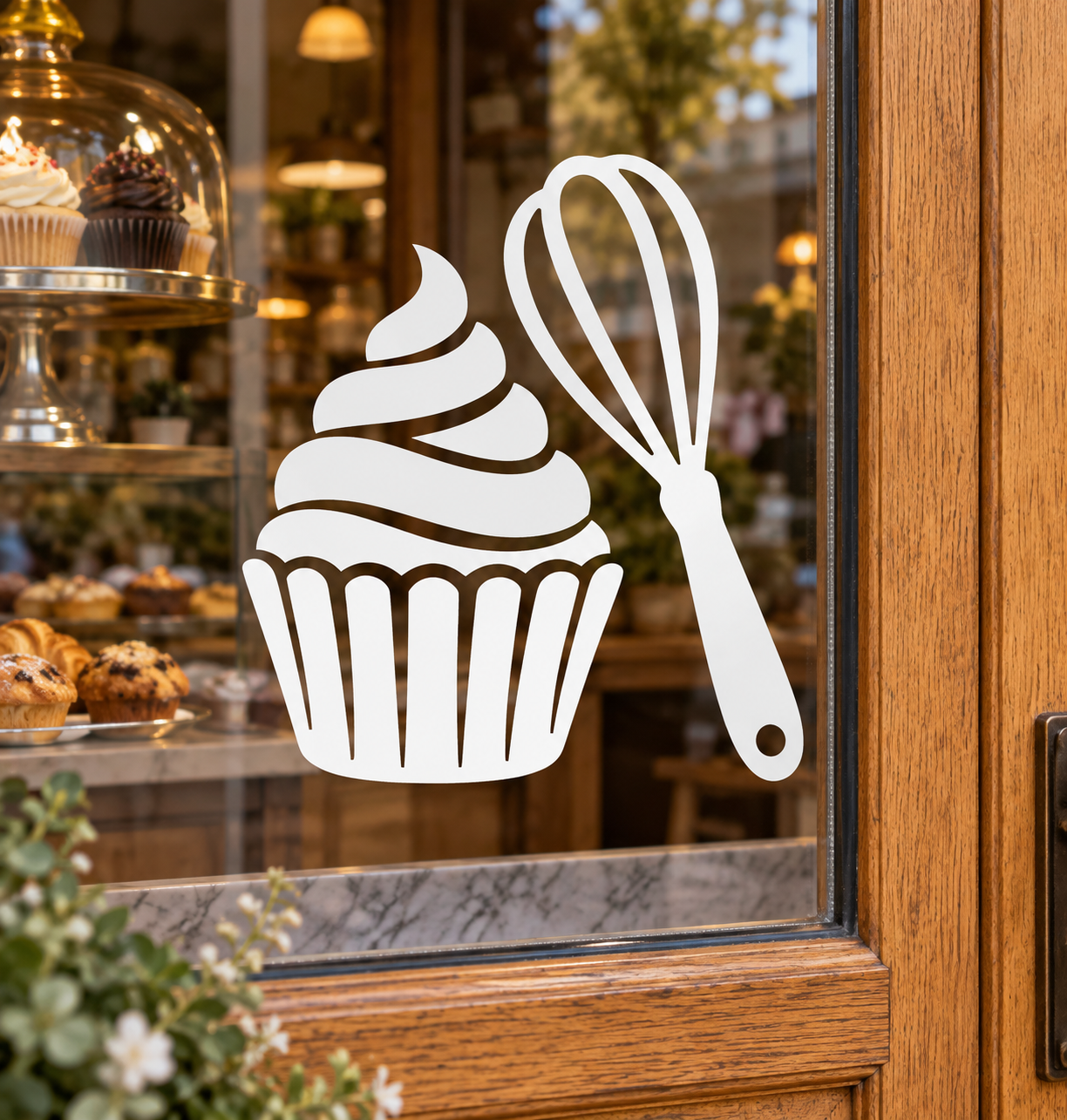 White cupcake and baking whisk vinyl decal with cupcake outline and whisk silhouette