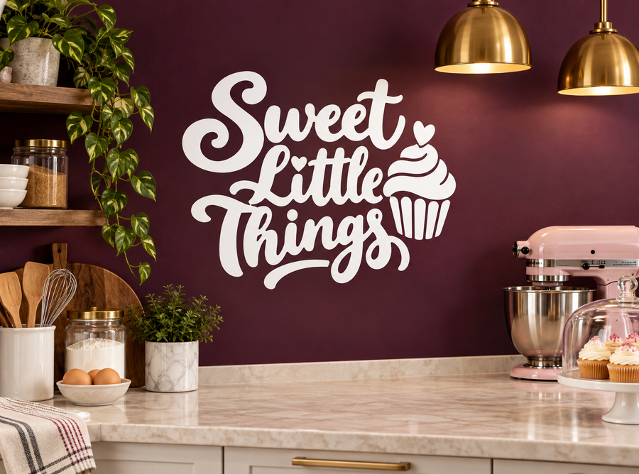 Sweet Little Things vinyl decal with cupcake icon text on wall