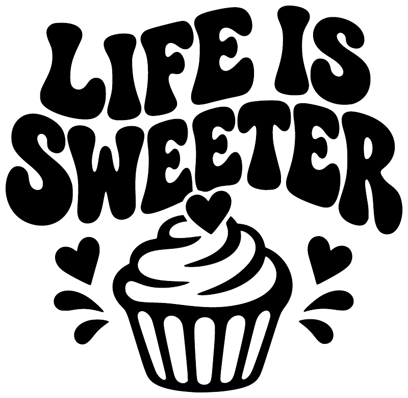 Black vinyl decal with 'LIFE IS SWEETER' text, cupcake graphic, and heart accents