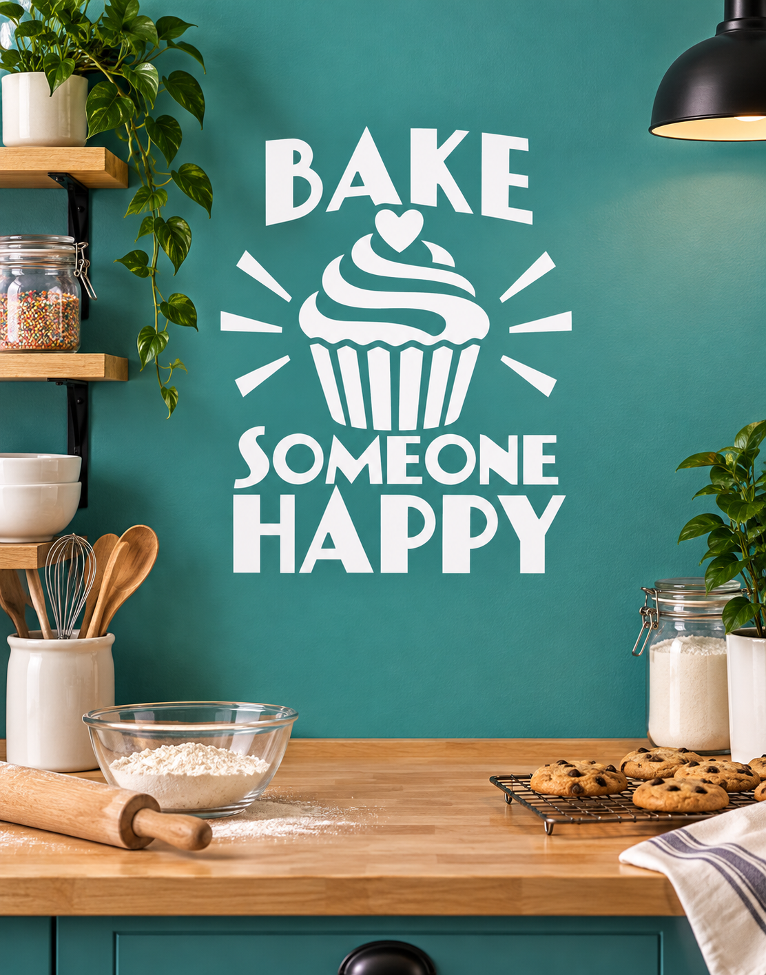 Vinyl wall decal with white 'BAKE SOMEONE HAPPY' text and cupcake icon with rays
