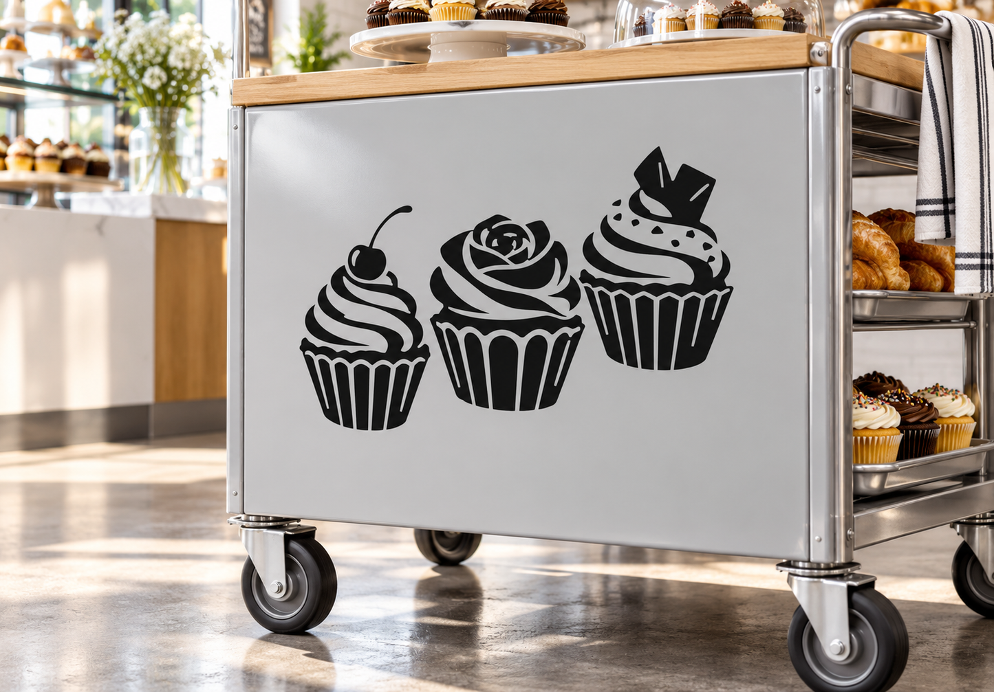 Cupcake trio vinyl decals with black cupcake, swirl frosting, and cherry icon set