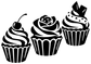 Cupcake trio vinyl decals with black cupcakes: rose, frosting swirls, and hat topper