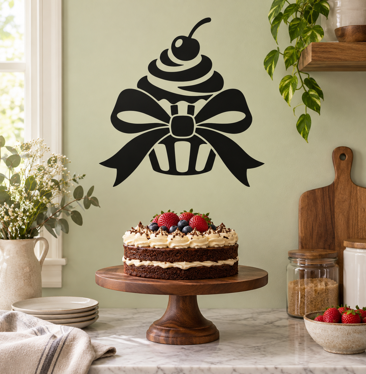 Black cupcake and bow vinyl wall decal with frosting swirl and ribbon bow