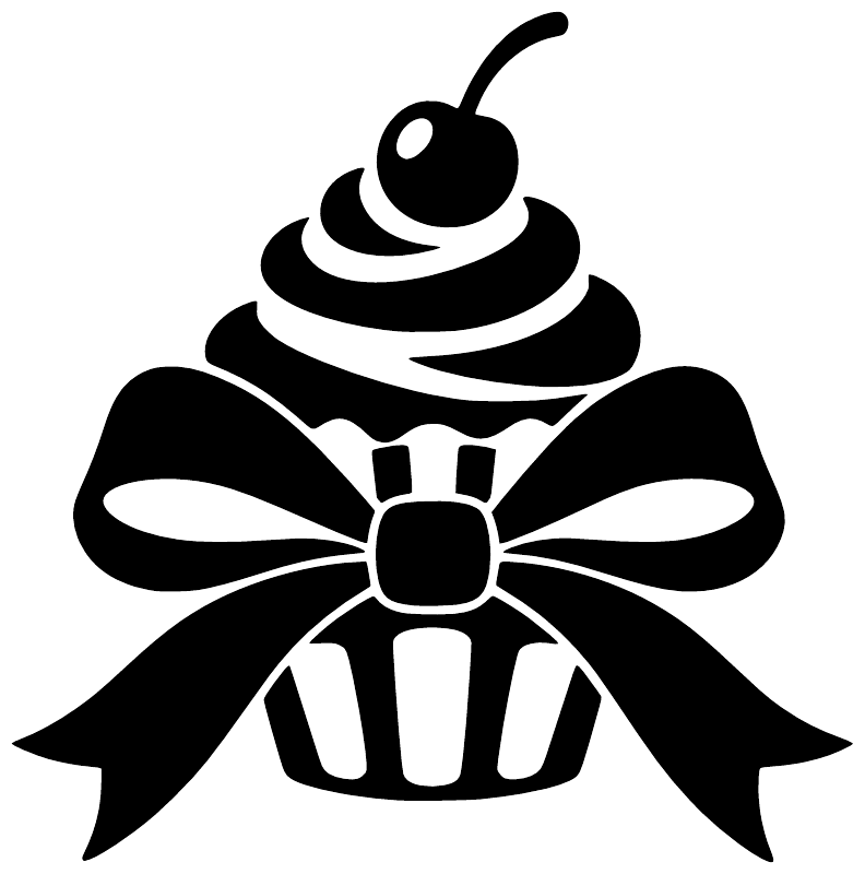 Black cupcake and bow vinyl decal with frosting swirl, ribbon, and bow center