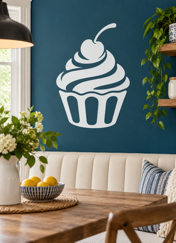 White cupcake and cherry crown vinyl decal with swirl frosting and outlined wrapper
