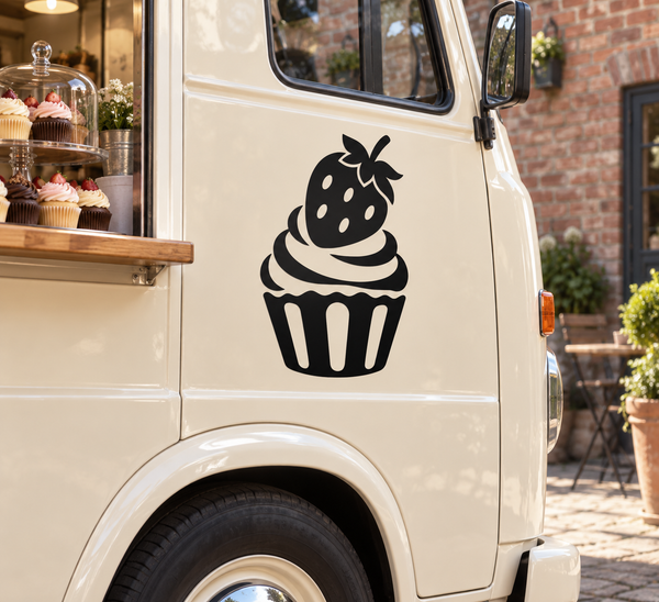 Cupcake strawberry vinyl decal on white vehicle door