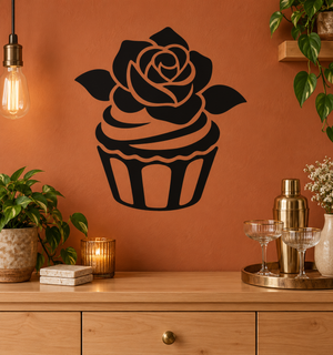 Cupcake rose vinyl decal in black, featuring stacked cupcake layers and a rose topper.