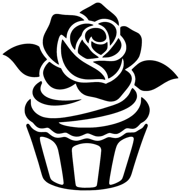 Cupcake rose vinyl decal, black-and-white outline with rose head and layered cupcake body.