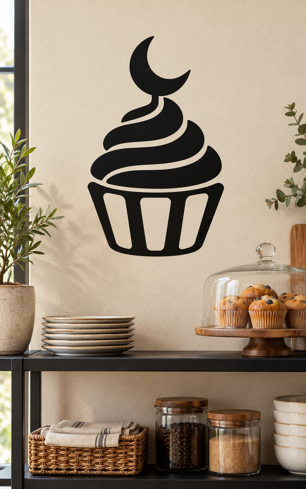 Black cupcake vinyl decal with crescent moon topper