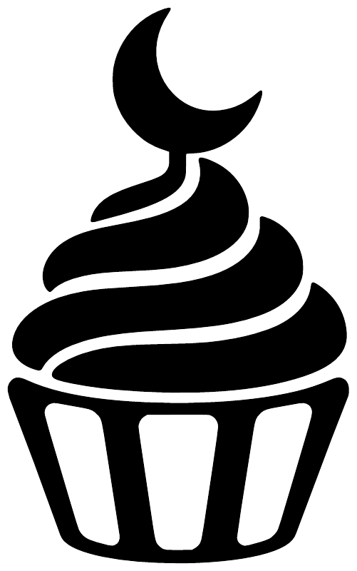 Black cupcake vinyl decal with crescent moon topper, close-up