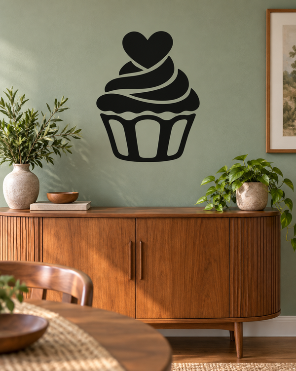 Black cupcake vinyl wall decal with heart on top and stacked frosting detail