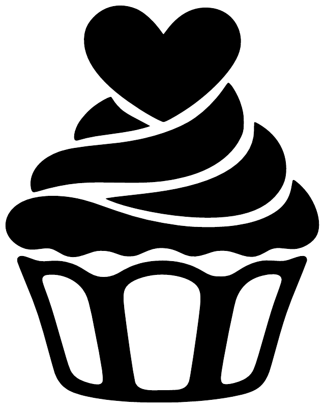 Close-up of black cupcake vinyl decal with heart and frosting swirl, and striped outline