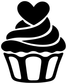 Close-up of black cupcake vinyl decal with heart and frosting swirl, and striped outline