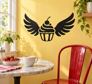 Black cupcake with wings vinyl wall decal, centered cupcake with swirl frosting