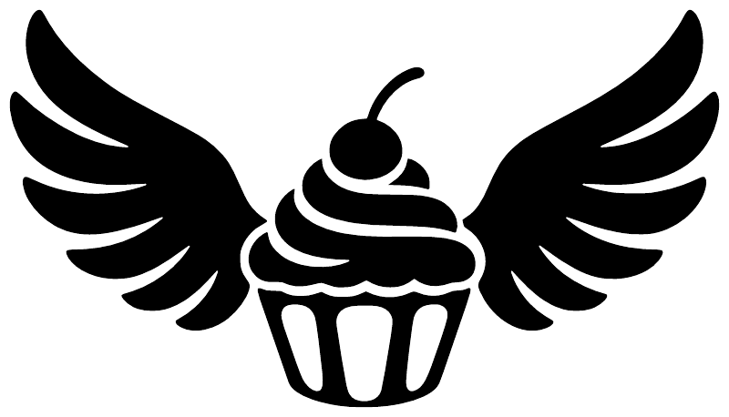 Black cupcake with wings vinyl decal close-up, wing outlines and swirl frosting