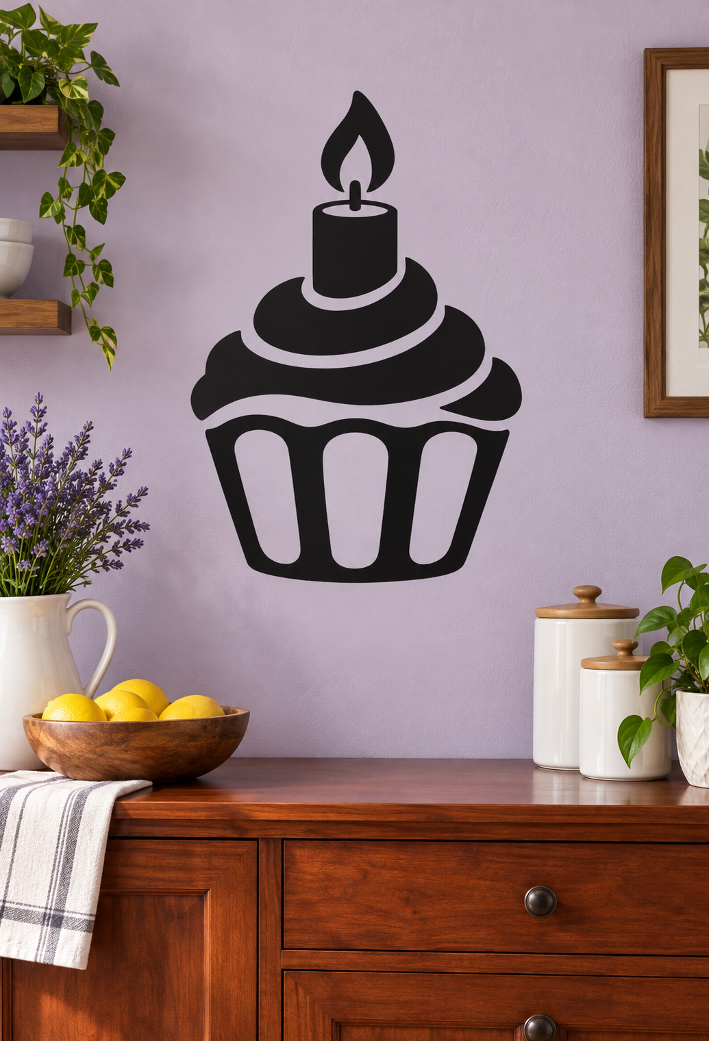 Black cupcake vinyl decal with lit candle flame and rounded swirl base