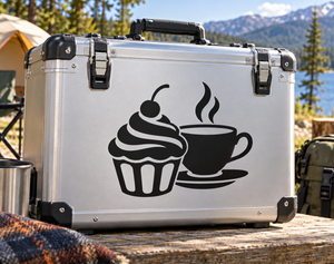 Cupcake and tea cup vinyl decal, black cupcake with frosting and steaming teacup