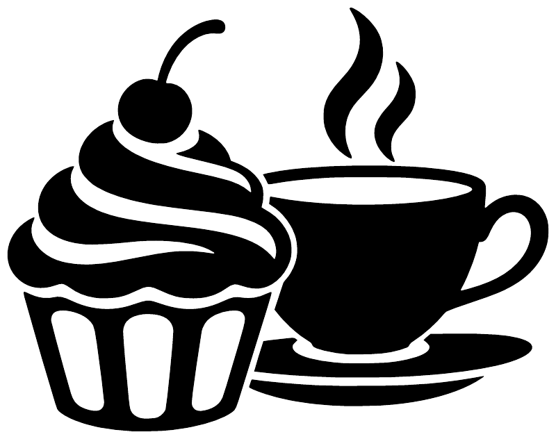 Cupcake and tea cup vinyl decal close-up, black cupcake next to steaming teacup