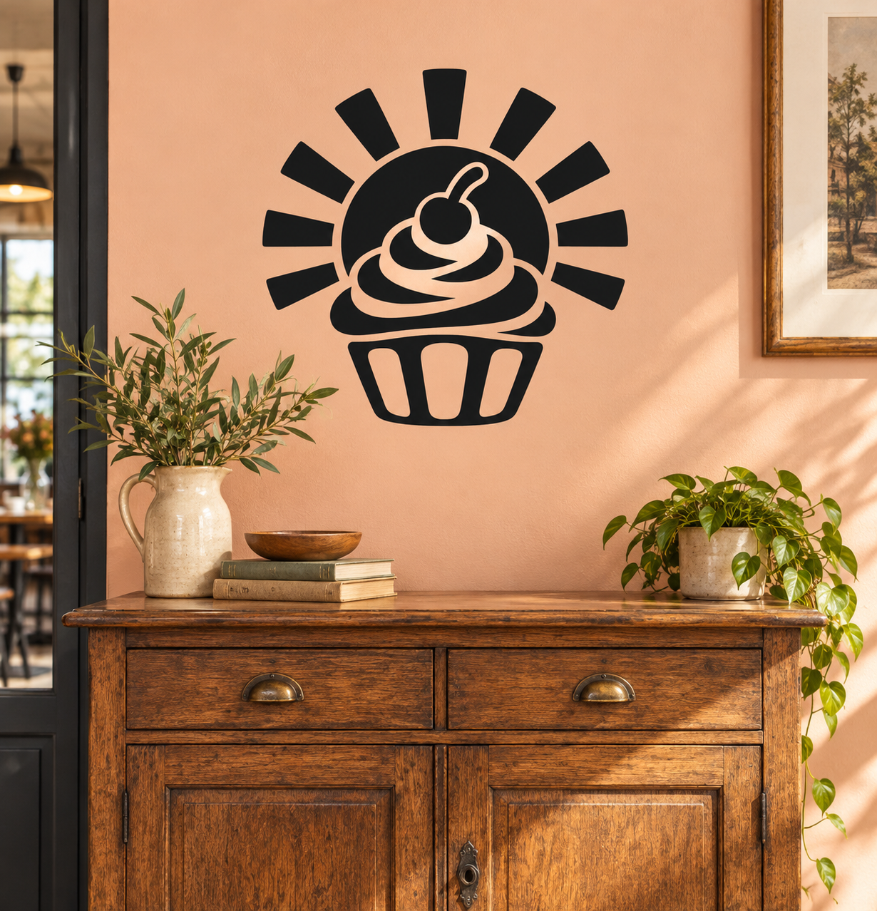 Cupcake sunburst vinyl wall decal: black cupcake with cream outline and sun rays