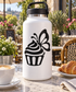 Black vinyl decal of a cupcake with butterfly, applied on a white bottle