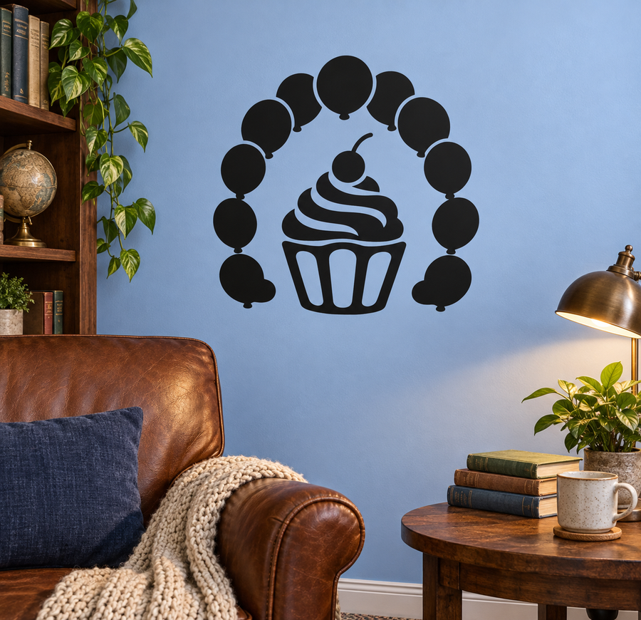 Cupcake party arch vinyl decal with balloon ring around black cupcake and cherry