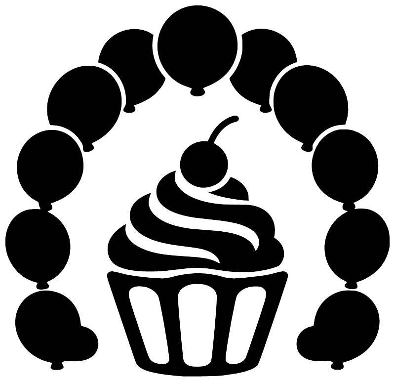Cupcake party arch vinyl decal—black balloon outline ring around cupcake with cherry