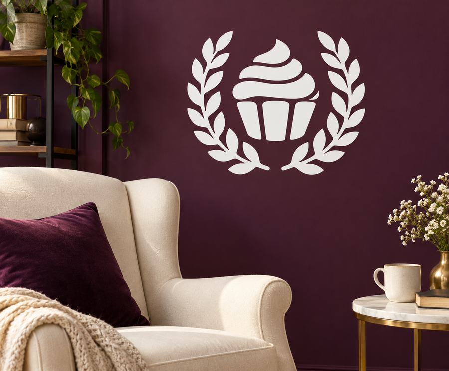 White vinyl cupcake and laurel wreath wall decal