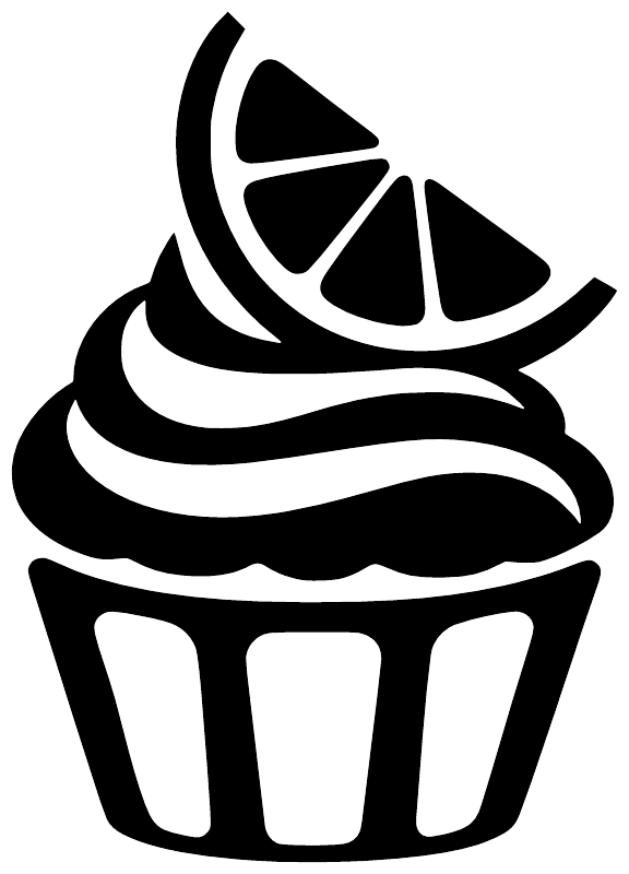 Cupcake lemon slice vinyl decal close-up, black cupcake and frosting with citrus wedges