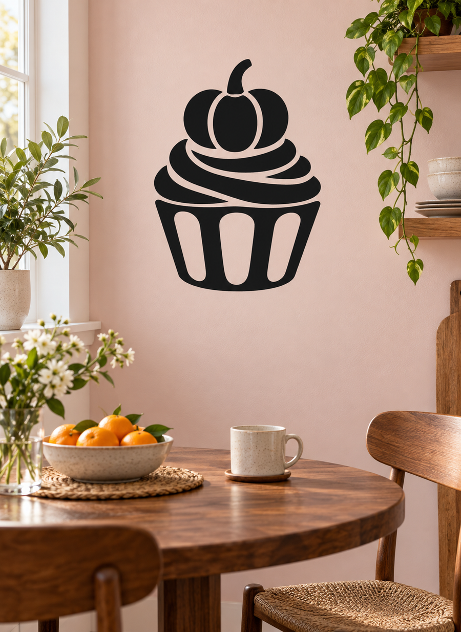 Black cupcake vinyl wall decal with pumpkin topper and curved frosting stripes