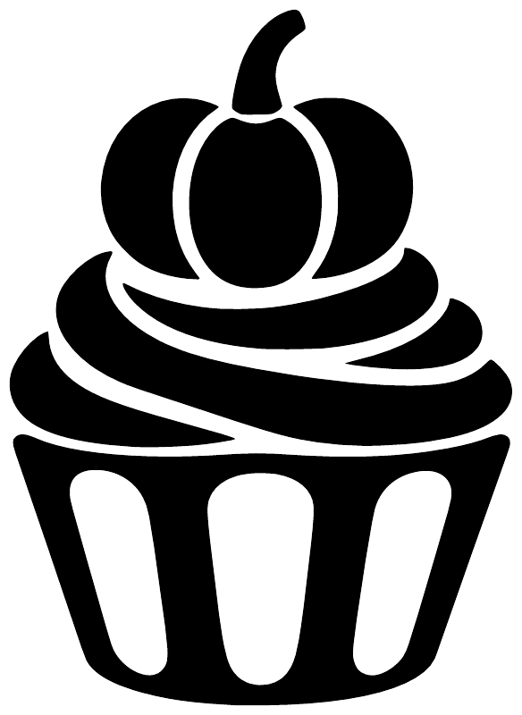 Black cupcake vinyl decal with pumpkin topper, bold outlines, and frosting swirl lines