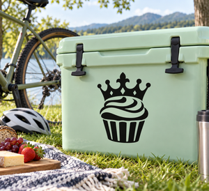 Cupcake crown vinyl decal on mint cooler, black crown over cupcake icon