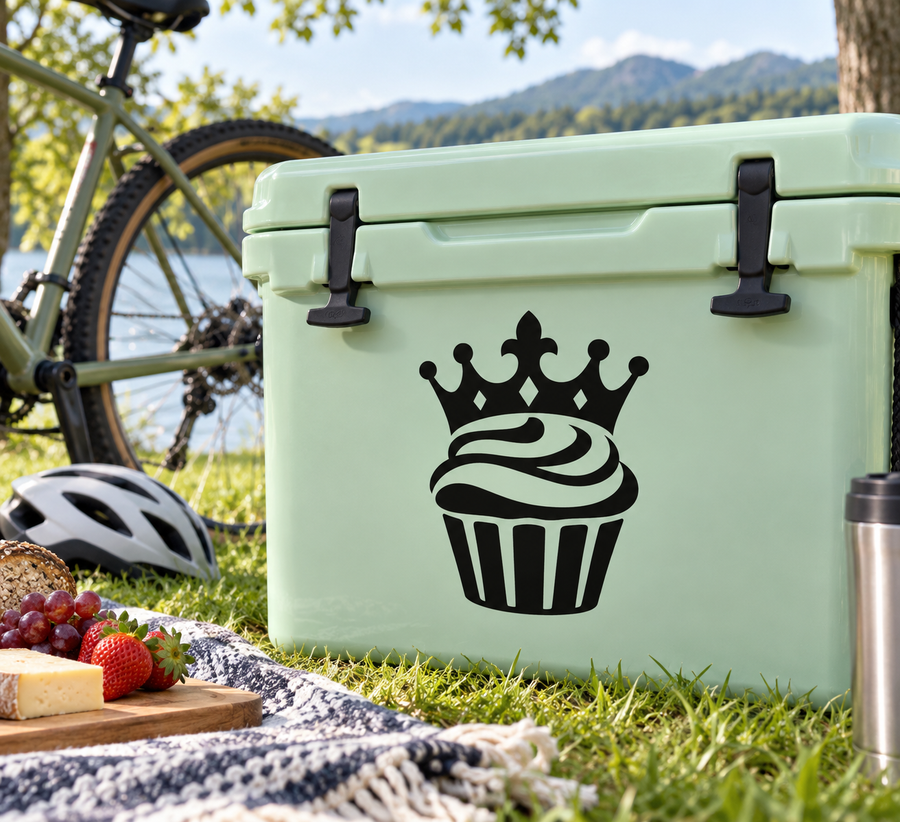 Cupcake crown vinyl decal on mint cooler, black crown over cupcake icon