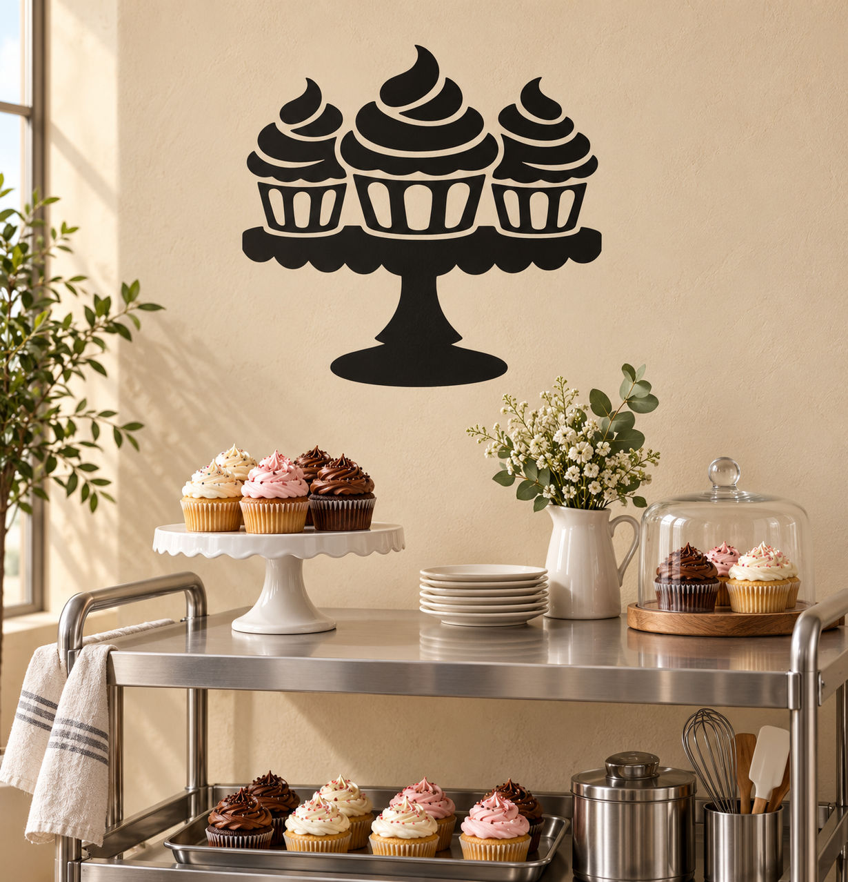 Cupcake trio on stand vinyl decal, black dessert design on pedestal